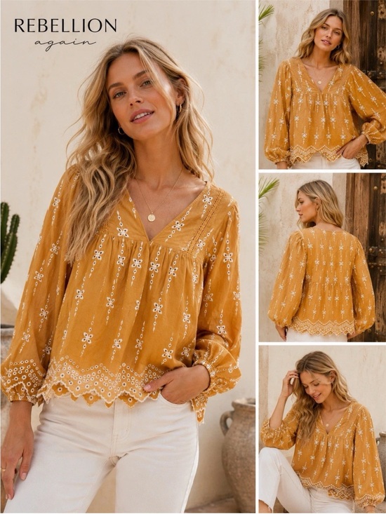 Rebellion Tops - Rebellion Again Mustard Embroidered Eyelet Western Boho Peasant Blouse Medium C2